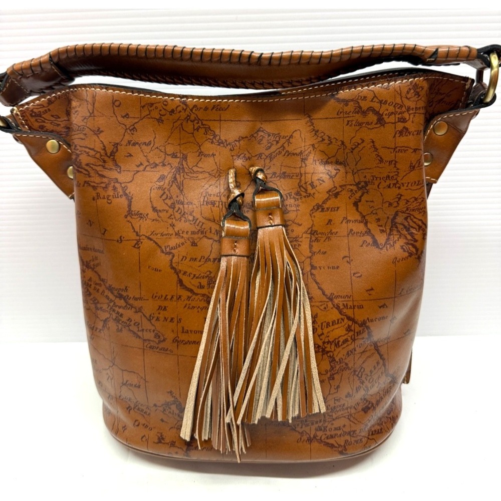Patricia Nash Torresina Leather Bucket Crossbody Bag RIOT RUST MAP PRINT PURSE